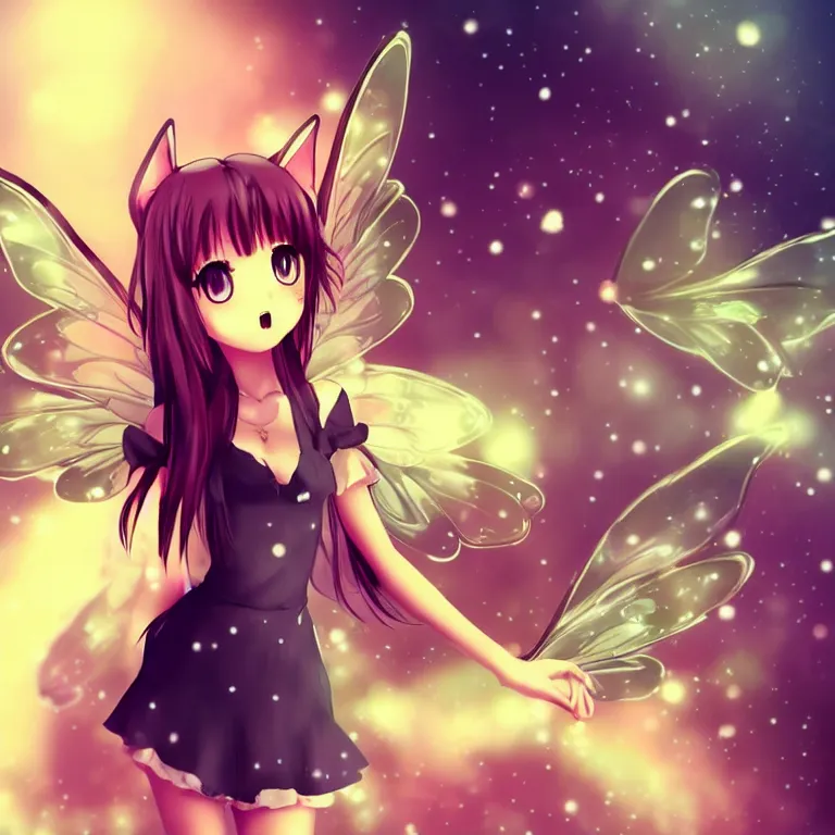 Image similar to cute, full body, female, anime style, a cat girl with fairy wings, large eyes, beautiful lighting, sharp focus, simple background, creative, heart effects, filters applied, illustration