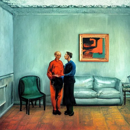 Image similar to high quality high detail painting of a old couple in a soviet living room by lucian freud and zdzislaw beksinski and francis bacon, hd, dark atmosphere, turquoise and orange