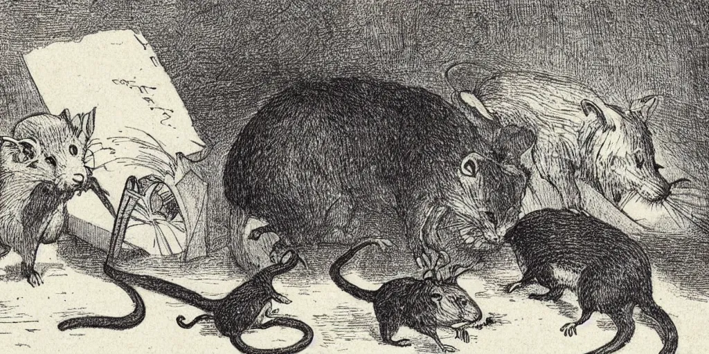 Prompt: third person view of a rat looking at a big cat, alice in wonderland book style, 1 8 9 0 s