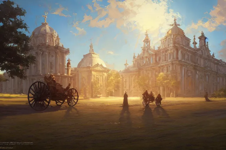 Image similar to a driving ornate baroque church on chainwheels, scene in an open field. key visual, conceptart, ambient lighting, highly detailed, digital painting, artstation, concept art, sharp focus, by makoto shinkai and akihiko yoshida and greg manchess