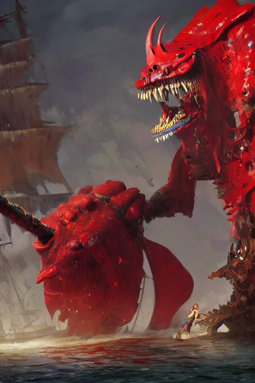 Prompt: a professional digital painting of a monster pirate with many jaws, full body, concept art, sharp detail, focused, illustration, smooth render, red jewels for eyes, pirate ship in background, art style by Ruan Jia and Mandy Jurgens and Ian Spriggs and William-Adolphe Bouguerea