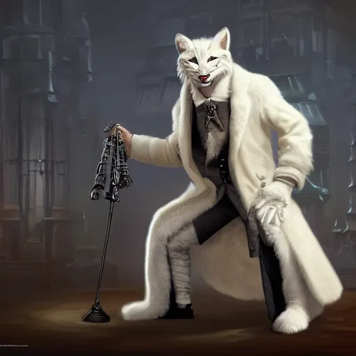 Image similar to white anthropomorphic lynx cat in victorian white man suit and white fur coat, full body by craig mullins and noriyoshi ohrai, unreal engine character, furry art, steampunk fantasy style, 4 k, trending on artstation