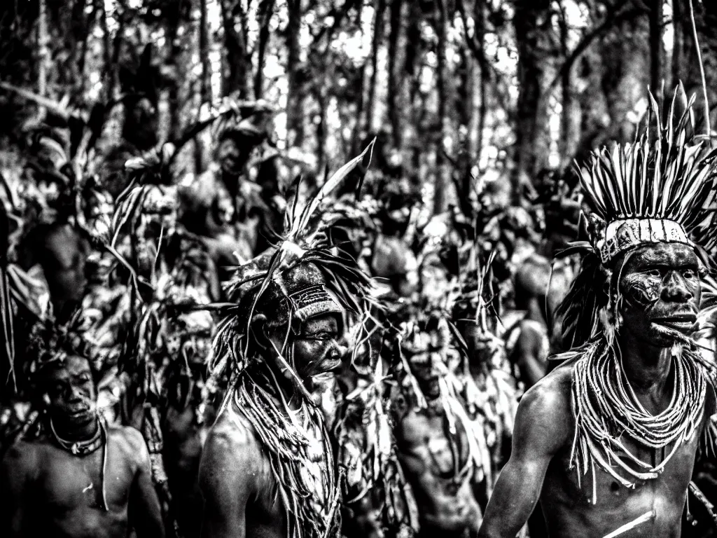 Prompt: cinematic, 3 5 mm, photography, ancient baluba tribe ceremony, a shaman wearing a tribal ancestors masks in dark woods, drummer, tribal dancers in transe, fire, congo, luba tribe