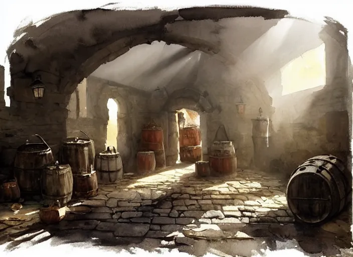 Image similar to watercolor painting of rustic ruin cellar, wooden crates, barrels, stone walls, lantern, very beautiful ambient lighting, sun rays, dust, art by anders zorn, wonderful masterpiece by greg rutkowski, cinematic light, american romanticism by greg manchess, creation by tyler edlin