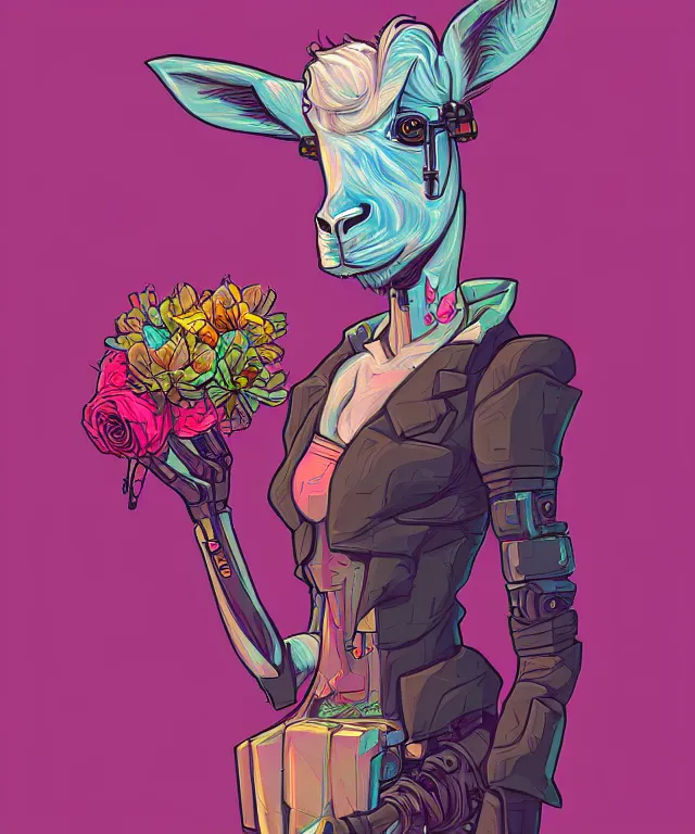 Image similar to a portrait of an anthropomorphic cyberpunk llama holding a flower, cyberpunk!, fantasy, elegant, digital painting, artstation, concept art, matte, sharp focus, illustration, art by josan gonzalez