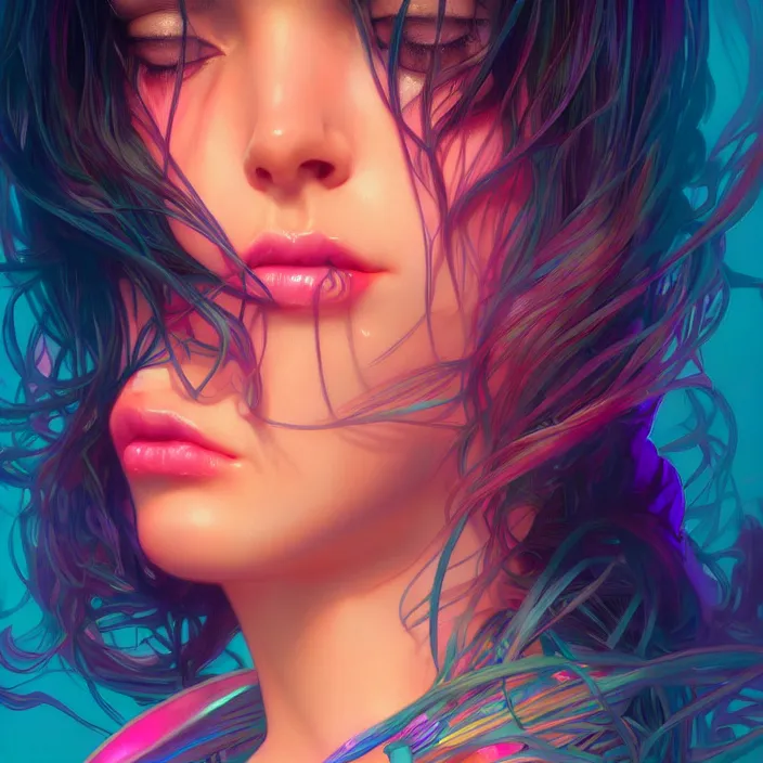 Image similar to young woman, gorgeous face, vaporwave aesthetic, synthwave, colorful, psychedelic, broken, shattered, beaten, sadness, crying, tears, artstation, concept art, smooth, extremely sharp detail, finely tuned detail, 8 k, unreal engine 5, ultra sharp focus, illustration, art by artgerm and greg rutkowski and alphonse mucha