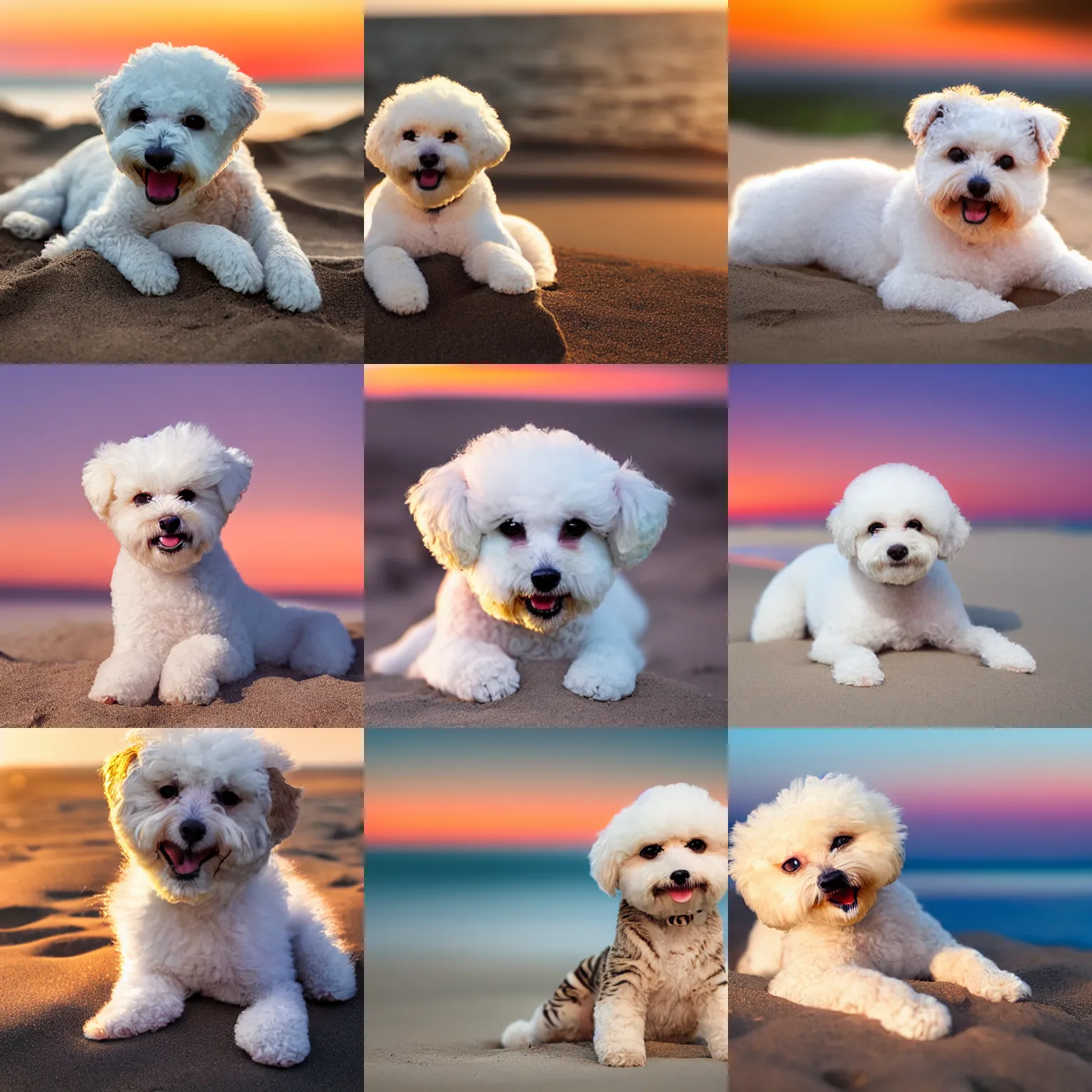 Prompt: a closeup photorealistic photograph of a cute smiling bichon frise tiger cub laying out at the beach during sunset. professional capture, well lit shot. this 4 k hd image is trending on artstation, featured on behance, well - rendered, extra crisp, features intricate detail, epic composition and the style of unreal engine.