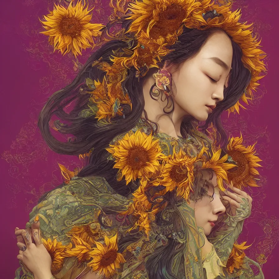 Prompt: Sunflower Chinese goddess-queen, colourful, surreal, dramatic lighting, face, detailed, intricate, elegant, highly detailed, digital painting, artstation, concept art, smooth, sharp focus, illustration, art by Sam Spratt, Dan Mumford, Artem Demura and Alphonse Mucha