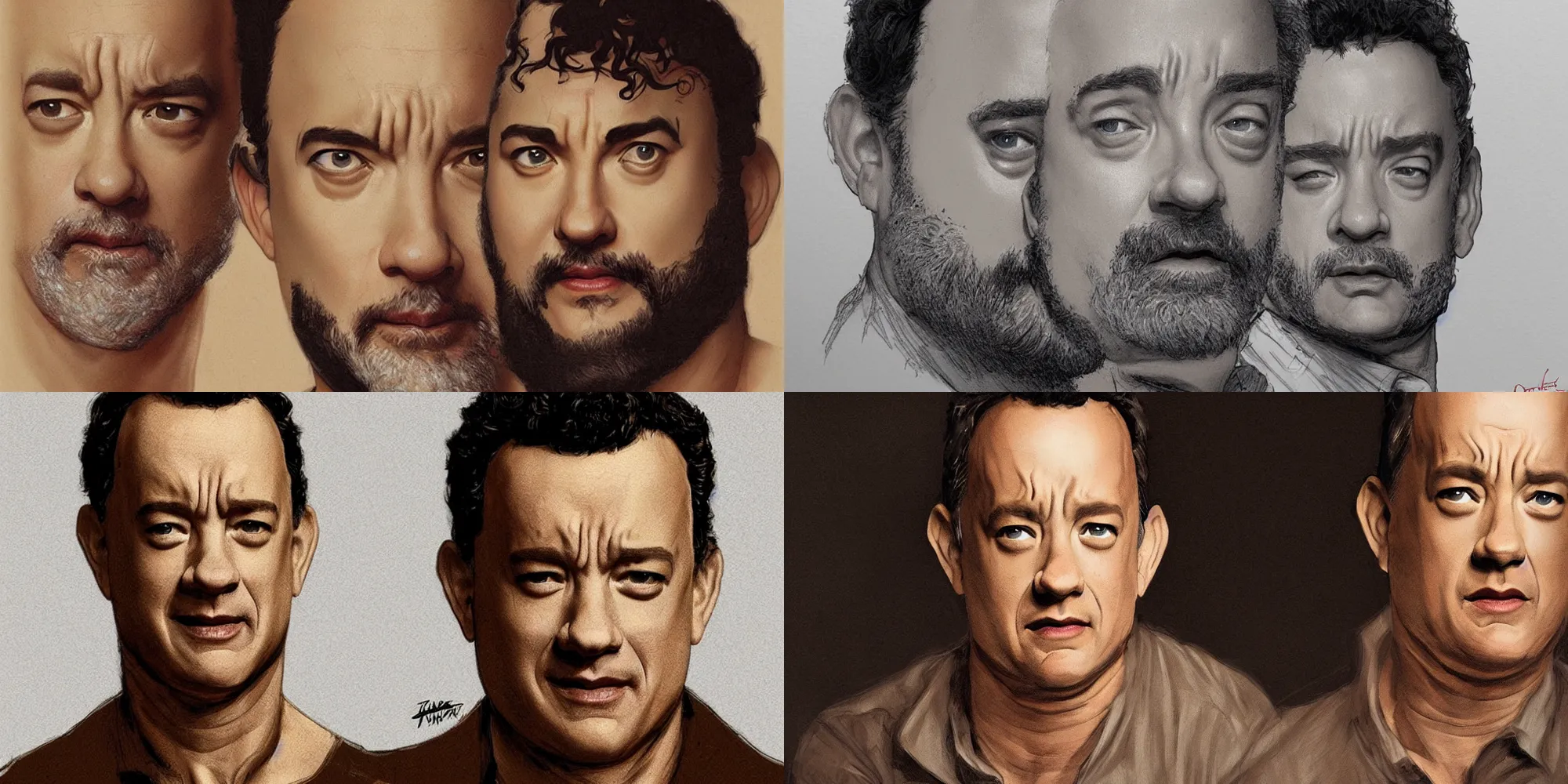 Prompt: Tom Hanks with thick eyebrows, short beard, short light brown hair, amused facial expression, very detailed, digital art, ArtStation, art by Frank Miller, Bouguereau, Da Vinci, Annie Leibowitz