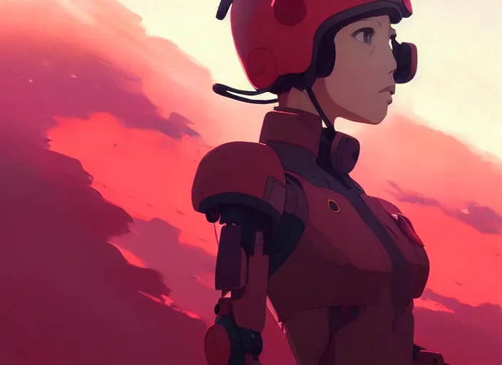 Image similar to portrait of pilot girl, red sky background, chaotic landscape, illustration concept art anime key visual trending pixiv fanbox by wlop and greg rutkowski and makoto shinkai and studio ghibli and kyoto animation, red body suit, military gear, evangelion, grimdark