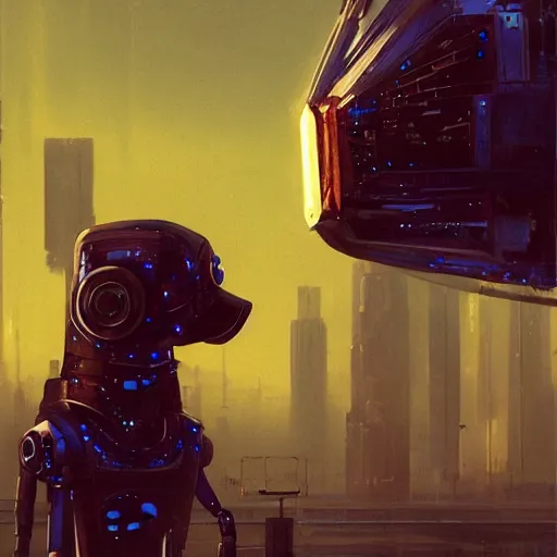 Image similar to a robot dog, metallic, cyberpunk style ， hyperrealistic, by beeple, greg rutkowski, caspar david friedrich, smooth, illustration, elegant, artstation, digital painting.