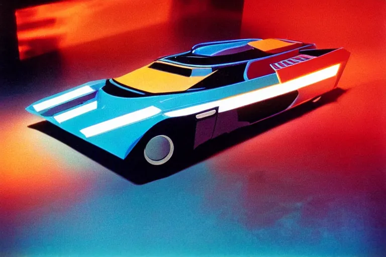 Image similar to designed by Giorgetto Giugiaro stylized poster of the Batmobile, thick neon lights, ektachrome photograph, volumetric lighting, f8 aperture, cinematic Eastman 5384 film