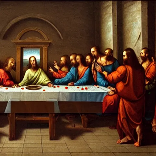 Image similar to jeff bezos is judas at the last supper, by da vinci