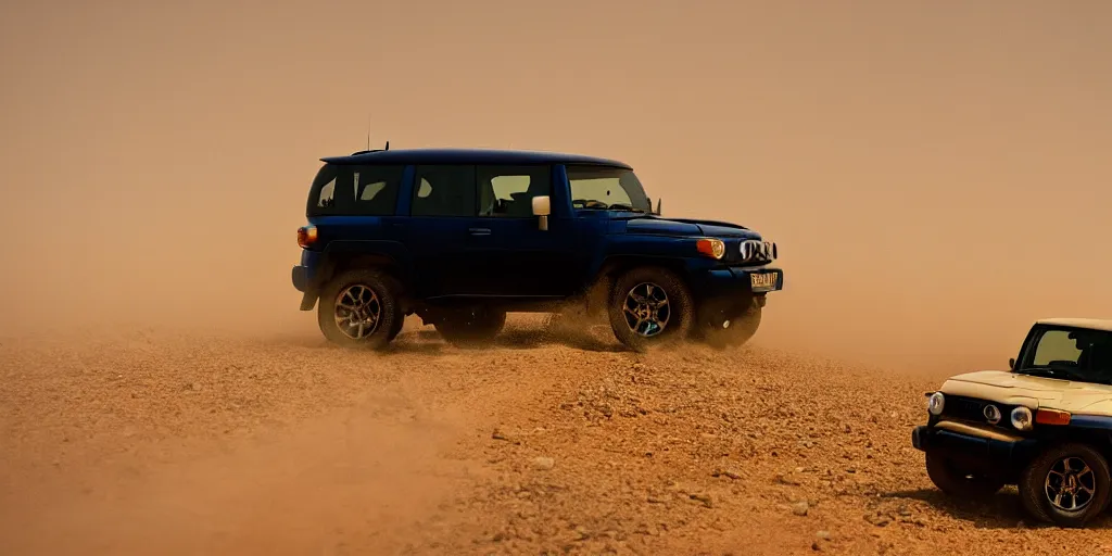 Prompt: Toyota FJ cruiser, sitting in a dust storm in the desert, photography