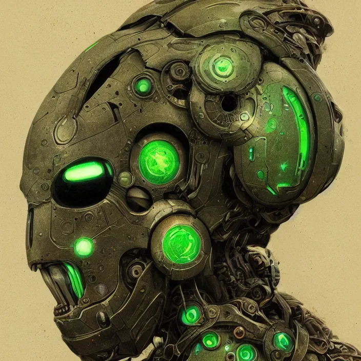 Image similar to portrait of a green Ultron from Age of Ultron, clockwork steampunk, head and chest only, by Beksinski, 4k, deviantart, trending on artstation