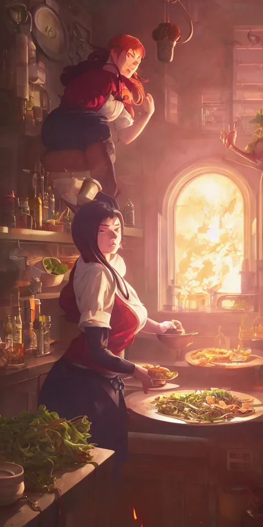 Prompt: girl cooking dinner, food wars, stephen bliss, unreal engine, fantasy art by greg rutkowski, loish, rhads and lois van baarle, ilya kuvshinov, rossdraws, tom bagshaw, alphonse mucha, global illumination, detailed and intricate environment