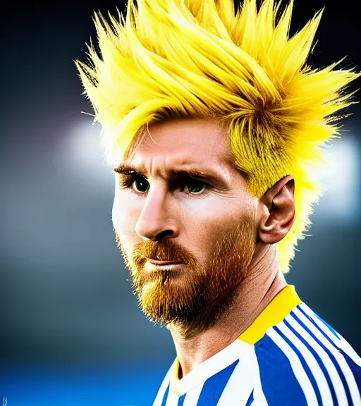 Prompt: award winning 5 5 mm close up portrait color photo of super saiyan lionel messi, argentina jersey, yellow hair, in a stadium, with lightning, by luis royo. soft light. sony a 7 r iv