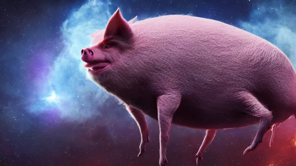 Prompt: spider pig hybrid on a planet. close bottom view. whole body. nebula background. cinematic composition. cinematic lightning. ultra realistic. 8 k. highly detailled. deep space. ultra realistic details. cinematic atmosphere. studio lighting. shadows. dark background.