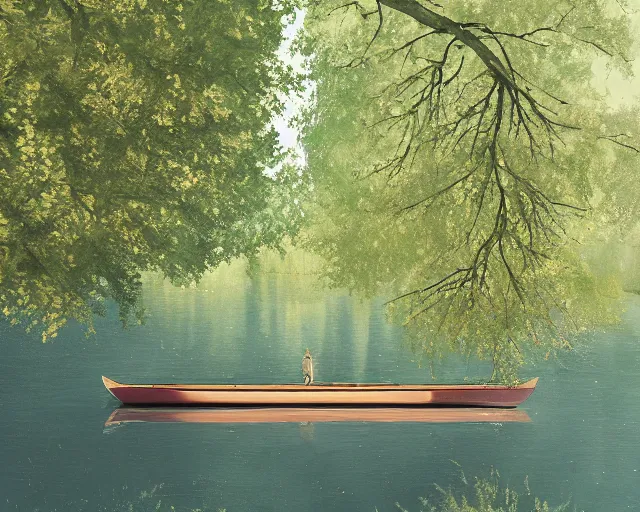 Image similar to one single short small wooden boat in a very narrow river, trees, shady, ripples, reflections. A boy and a girl are standing in the boat. Romantic. Sakura trees and green trees. By Makoto Shinkai, Stanley Artgerm Lau, WLOP, Rossdraws, James Jean, Andrei Riabovitchev, Marc Simonetti, krenz cushart, Sakimichan, trending on ArtStation, digital art.