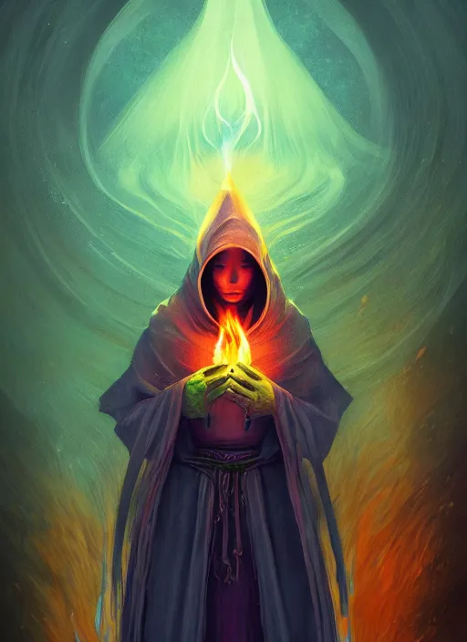 Image similar to ( a priestess with a hood that covers half her face carries an incense burner that emits a pleasantly colored flame. ) by anato finnstark, dream, full body portrait, dynamic lighting, beautiful, trending on artstation, wallpaper, 4 k, award winning, digital art, very detailed faces