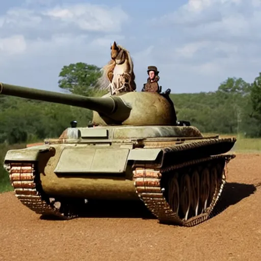 Image similar to a horse riding a tank