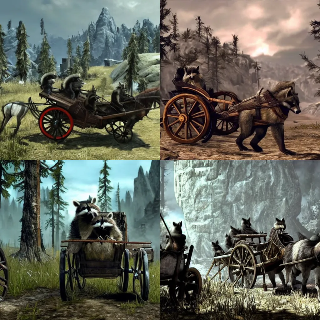 Prompt: raccoons riding in a horse drawn cart during the Skyrim intro