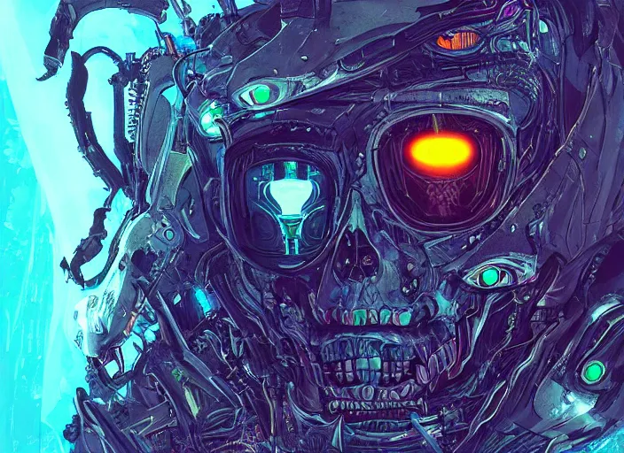 Image similar to a futuristic skull with glowing eyes and a wormhole tunnel cyberpunk art by android jones, featured on artstation, darksynth, synthwave