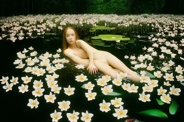 Image similar to hyperrealistic cinematic photograph of a woman's face floating in a pond, surrounded by a forrest of lillies, deep focus, intricate, elegant, highly detailed, matte, sharp focus, photography by bill henson and gregory crewdson and james jean