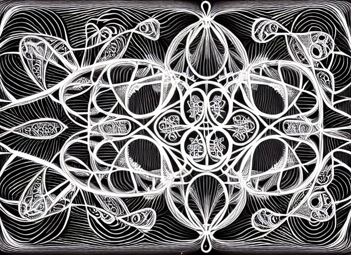 Image similar to symmetry! human fetus, intricate filigree, elegant, highly detailed, centered, concept art, smooth, sharp focus, lineart, illustration, 3 d occlusion, penned with black on white on gray, 8 k