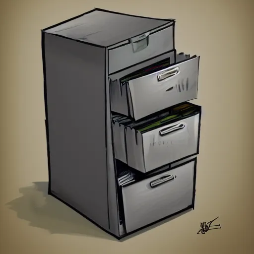 Image similar to filing cabinet overflowing with paperwork, stack of papers, metal filing cabinet, concept art, colored sketch, artstation award, detailed, explosive, flying papers