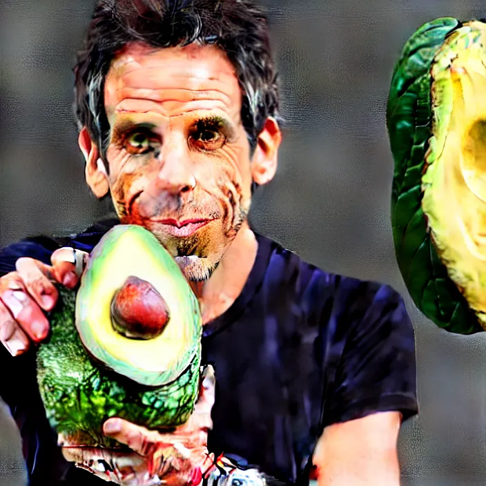 Image similar to ultra realistic illustration of ben stiller in the lotus position balancing stack of avocado on his head