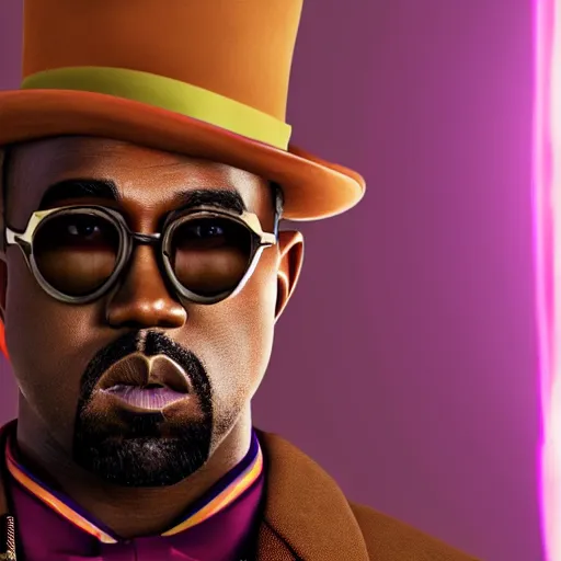 Prompt: Portrait of Kanye West as willy wonka in fallout new vegas, splash art, movie still, cinematic lighting, dramatic, octane render, long lens, shallow depth of field, bokeh, anamorphic lens flare, 8k, hyper detailed, 35mm film grain