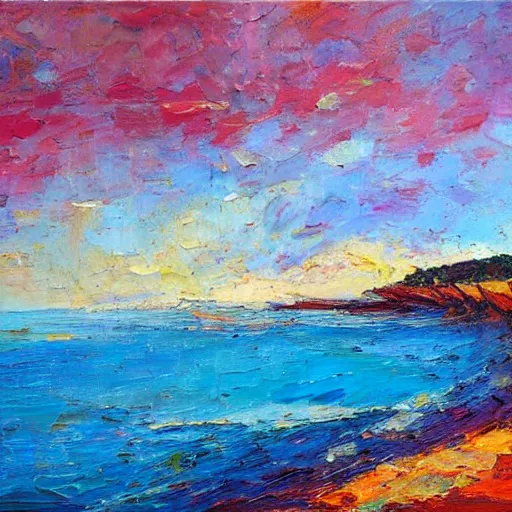 Image similar to a beach in western australia, modern, impressionist, highly textured landscape, palette knife, layered, sculptured, dynamic, oil on canvas