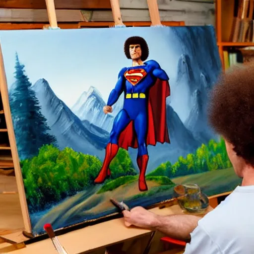 Image similar to a closeup photorealistic photograph of bob ross working on a canvas painting of superman. film still. brightly lit scene. mountains and trees. this 4 k hd image is trending on artstation, featured on behance, well - rendered, extra crisp, features intricate detail, epic composition and the style of unreal engine.