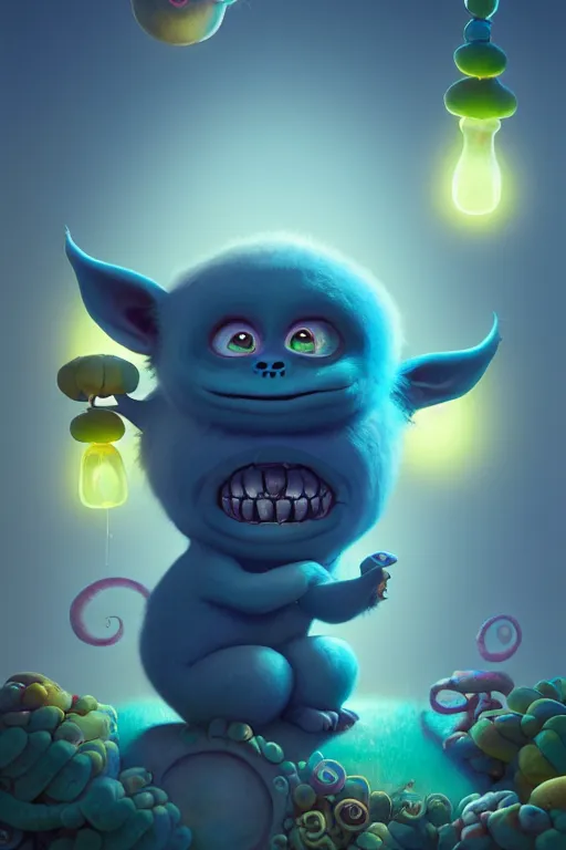 Image similar to a surreal Bioluminescent, very very very cute troll in a happy world by Daniel Merriam, Trending on Artstation, oil on Canvas by Elena Zhurikhina and Goro Fujita and Charlie Bowater, octane render, 4k, 8k, HD