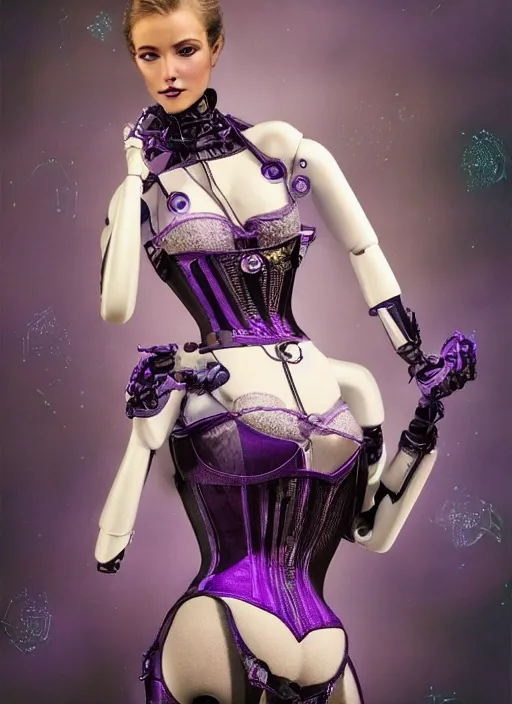 Image similar to beautiful female robot, wearing an intricate purple corset, burlesque, perfect features, anatomically correct, arms by her side, symmetrical facial features, expression of longing for more, elegant, futuristic, fantasy, artsy, digital art,