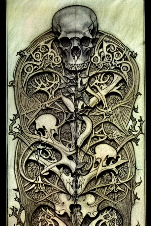 Prompt: memento mori by arthur rackham, detailed, art nouveau, gothic, intricately carved antique bone, skulls, botanicals, horizontal symmetry