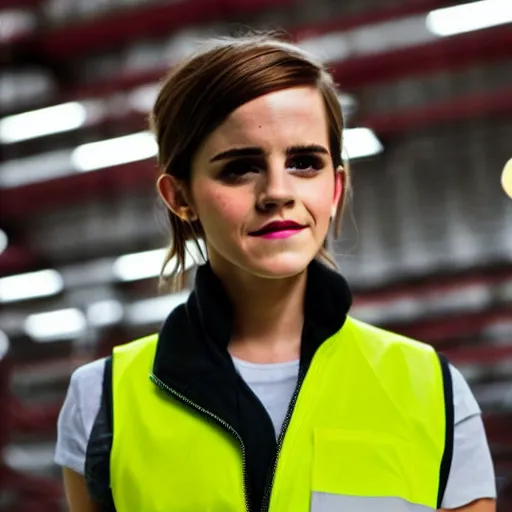 Image similar to photo, close up, emma watson in a hi vis vest, in warehouse, android cameraphone, snapchat story, 2 6 mm,