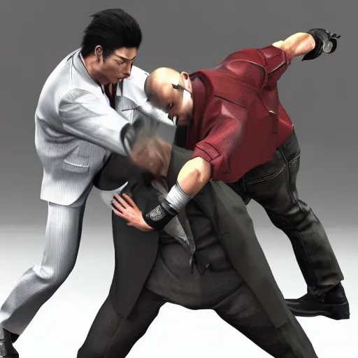 Prompt: Kiryu Kazuma from Yakuza beating up Steven Armstrong from Metal Gear Rising Revengeance, 3d render, realistic, dynamic action, cool, 4k