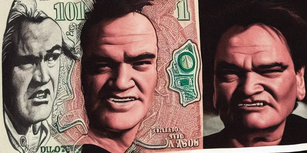 Image similar to a dollar bill with the face of quentin tarantino on it