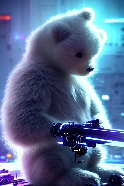 Image similar to high quality 3 d render very cute fluffy cyborg!! bear! plays electronic viola, cyberpunk highly detailed, unreal engine cinematic smooth, in the style of blade runner & detective pikachu, hannah yata charlie immer, moody light, low angle, uhd 8 k, sharp focus