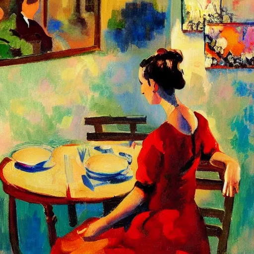 Image similar to a painting of a woman sitting at a table, a digital painting by isaac soyer, pixiv contest winner, american scene painting, digital illustration, digital painting, fauvism