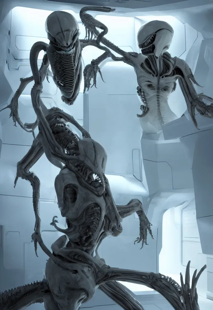 Image similar to a young girl fighting a white xenomorph in the thigh corridors of the covenant vessel, extremely realistic and highly detailed 8 k, sharp focus, mysterious atmospheric lighting, octane render, dramatic volumetric lighting, golden ratio, extremely realistic faces