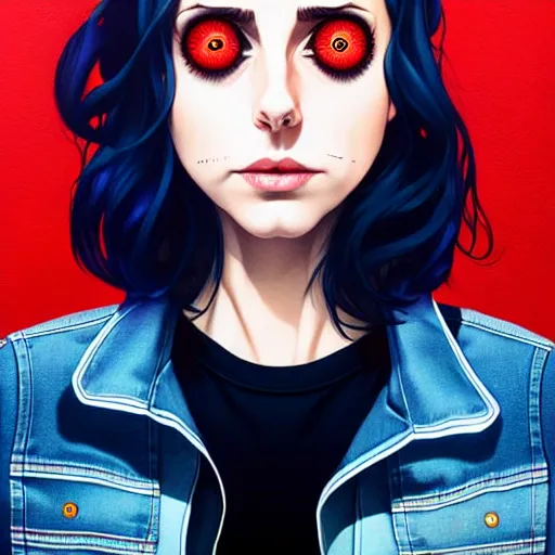 Image similar to loish, artgerm, Joshua Middleton art, Rafeal Albuquerque, pretty Alison Brie serial killer holding bloody knife in right hand realistic hand, blood on clothes and face, sarcastic smile, symmetrical eyes, symmetrical face, jean jacket, jeans, short blonde hair, middle shot, night time, deep blacks