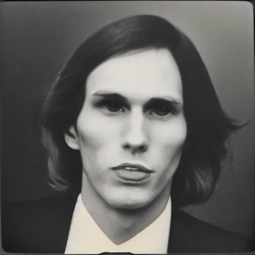 Prompt: A photograph portrait of Jerma985 with medium length wavy hair, a combover and wearing late 1970s popped collared menswear in the late 1970s, taken in the late 1970s, grainy, taken on a 1970s Polaroid Camera, realistic, hyperrealistic, very realistic, highly detailed, very detailed, extremely detailed, detailed, digital art, trending on artstation, front facing, front view, headshot and bodyshot, detailed face, very detailed face