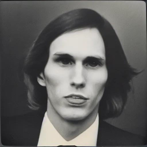 Image similar to A photograph portrait of Jerma985 with medium length wavy hair, a combover and wearing late 1970s popped collared menswear in the late 1970s, taken in the late 1970s, grainy, taken on a 1970s Polaroid Camera, realistic, hyperrealistic, very realistic, highly detailed, very detailed, extremely detailed, detailed, digital art, trending on artstation, front facing, front view, headshot and bodyshot, detailed face, very detailed face