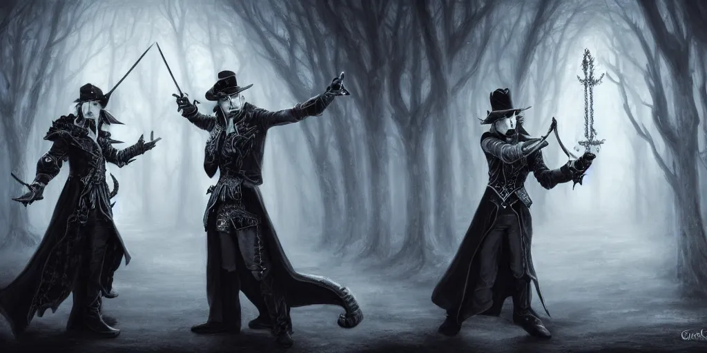 Prompt: two magicians dark and white are armed with magical items, duel, fantastic, fantasy, panting by greg rutkowki, fantasy world, final fantasy, by thomas kinkade, 8 k