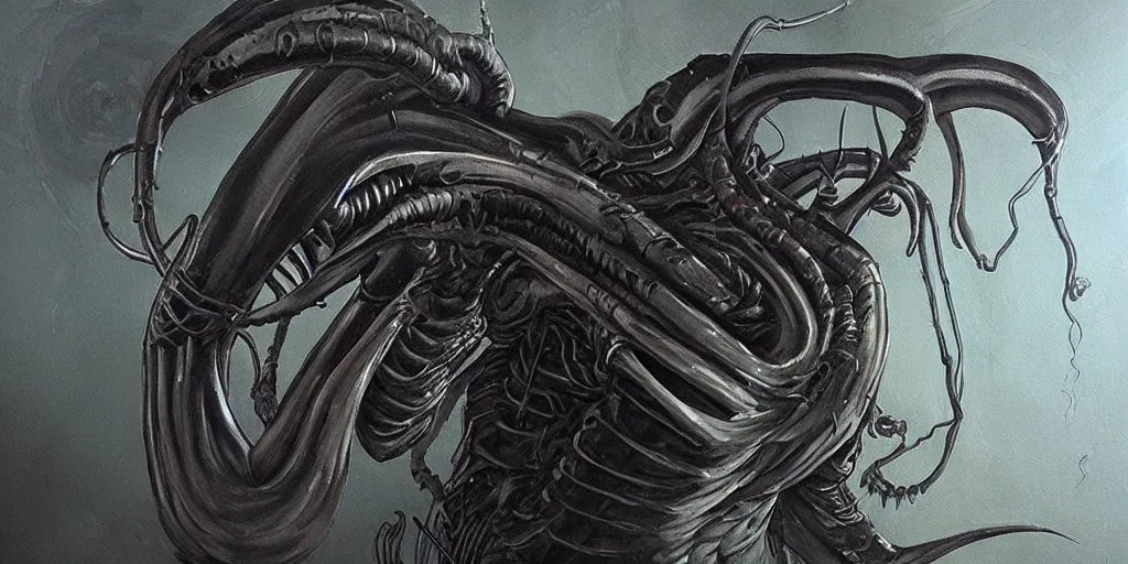 Image similar to “painting of xenomorph in the style of HR Giger”