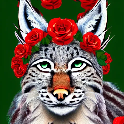 Image similar to lynx wearing Caesar's crown made out of roses, Caesar's crown, an expressive digital painting, high quality art,