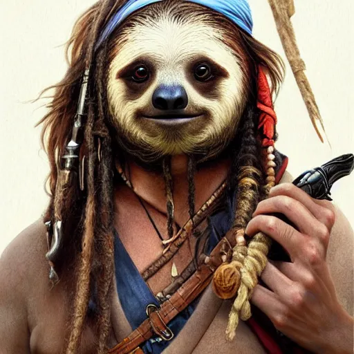 Prompt: Portrait of a Sloth dressed as Jack Sparrow, highly detailed oil painting, photorealistic, highly detailed, digital painting, artstation, concept art, smooth, sharp focus, illustration, art by artgerm and greg rutkowski and alphonse mucha